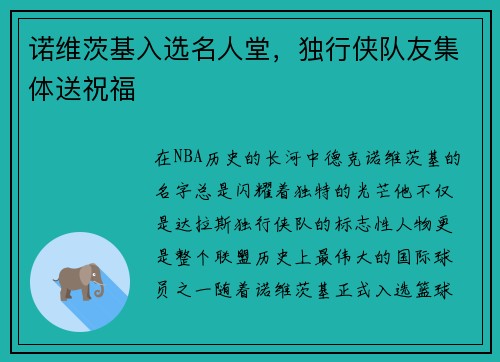诺维茨基入选名人堂，独行侠队友集体送祝福
